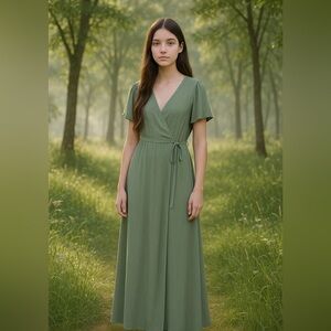 NWOT Lulus Sage Green Maxi Wrap Around Dress Feminine Soft Girl Romantic Size XS